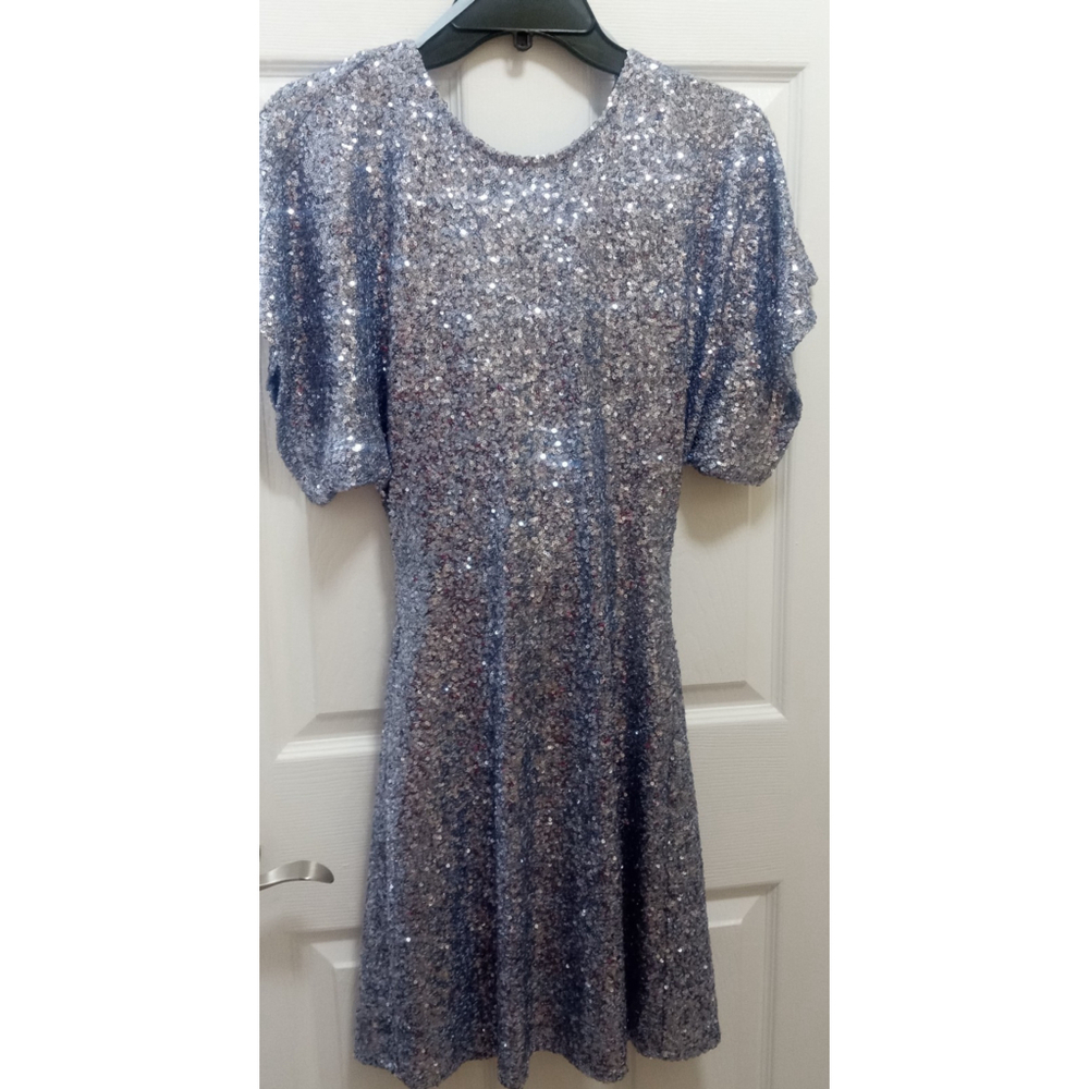 NWT Premier Amour Womens Short Sleeve Sequin Sheath Dress Sz 2 Silver Sparkly